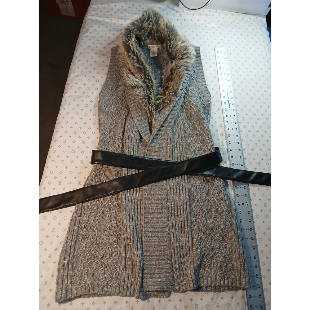 Arden B Knit Sweater Vest Dress Coat Sleeveless Gray Fur Collar Leather Belt M
